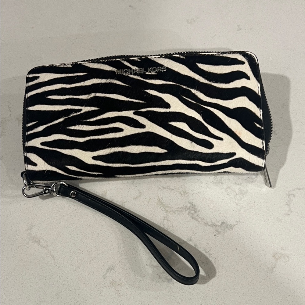 Michael Kors Black and White Animal Print Wristlet
